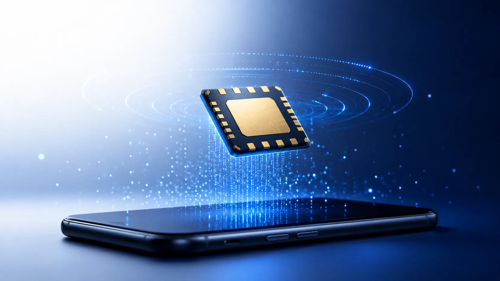 스마트폰 위에 떠 있는 eSIM 칩 일러스트